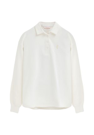 Polo bianca a manica lunga con colletto e patta con bottoni, con un piccolo logo ricamato sul petto sinistro.