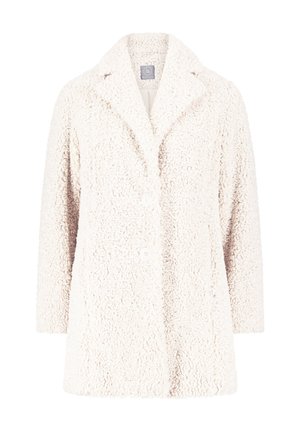 Creme faux fur frakke med en tekstureret overflade, klippet krave og tre knapper foran. Har lange ærmer og en afslappet pasform.
