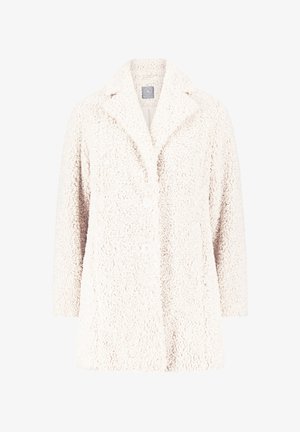 Creme faux fur frakke med en tekstureret overflade, klippet krave og tre knapper foran. Har lange ærmer og en afslappet pasform.