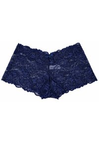 Shorts en dentelle bleu marine avec un motif floral, bords festonnés et un petit nœud décoratif à l'avant. Tissu doux et texturé.