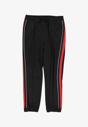 Pantalon de jogging noir avec taille et poignets élastiques, avec des bandes latérales rouges et blanches le long des coutures extérieures.