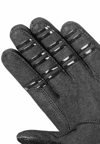 Black leather glove with a textured surface. Features cut-out stripes on fingers and contrasting stitching along the seams.