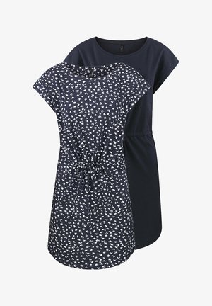 Navyblaues Kleid mit gemustertem Oberteil und weißen Blumenprints, kurzen Ärmeln und tailliertem Schnitt. Aus glattem Baumwollstoff.