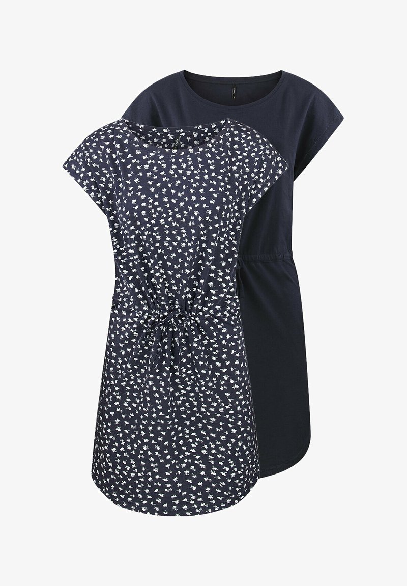 Navyblauwe jurk met een patroon bovenkant met witte bloemafdrukken, korte mouwen en een cinched taille. Glad katoen materiaal.
