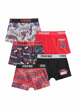 Päť párov chlapčenských boxeriek s motívom Spider-Man v rôznych červených, čiernych a bielych farbách s motívmi Spider-Mana a pavučín.