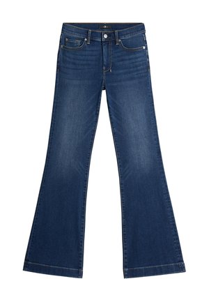 Jeans in denim blu scuro con vita alta, chiusura con bottoni e zip, cinque tasche e fondo a gamba larga e svasata.