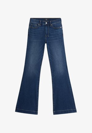 Ciemnoniebieskie dżinsy z denimu o wysokim stanie, zapinane na guzik i zamek błyskawiczny, z pięcioma kieszeniami i szerokimi, rozkloszowanymi nogawkami.