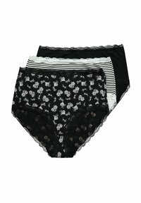 Trois paires de sous-vêtements pour femmes : une avec imprimé floral sur fond noir, une noire unie et une à rayures noires et blanches, toutes avec des bordures en dentelle.