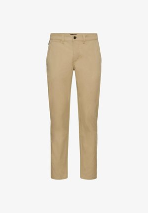 Beige chinos lavet af bomuld, med lige pasform, bæltesløjfer, knaplukning og sidelommer. Glat tekstur med minimale sømme.