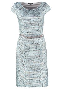 Robe à motif ondulé en bleu clair, avec des manches courtes et une silhouette ajustée. Elle comprend une ceinture en tissu gris à la taille.