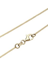 Goldfarbene Metallkette mit feiner Webstruktur, ausgestattet mit einem sicheren Karabinerverschluss und einem kleinen Gliederschlaufe. Glatte Textur, ohne Muster oder Akzente.