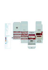 L'Oréal Revitalift packaging features a rectangular box design, primarily white with red accents, indicating anti-aging skincare. Ingredients listed.