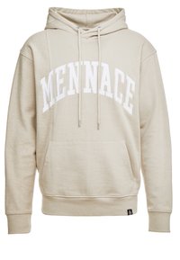 Beige hoodie med en framficka, dragsko i huvan och stora vita "MENACE" bokstäver över bröstet. Mjuk tygkänsla.