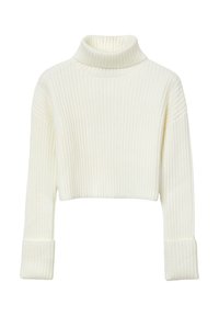 Maglione corto a coste color crema con collo alto e maniche lunghe con polsini arrotolati. Texture morbida e design aderente.