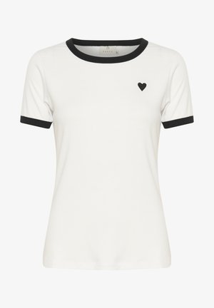 Biała koszulka z czarnym kołnierzykiem i krawędziami rękawów, z małym czarnym sercem na lewej piersi. Wykonana z miękkiej bawełnianej tkaniny.