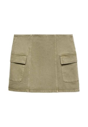 Khaki denim rok met een rechte snit, voorzien van twee zijzakken met opgestikte zakken, verstevigde naden en een stevige stofafwerking.