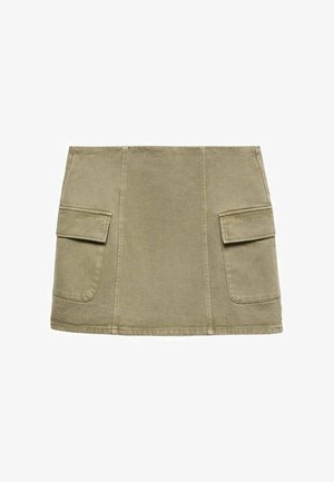 Khaki denim rok met een rechte snit, voorzien van twee zijzakken met opgestikte zakken, verstevigde naden en een stevige stofafwerking.