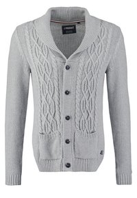 Gray knitted cardigan featuring a shawl collar, cable knit pattern, two front pockets, and dark button closures on the front.