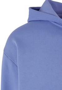 Sweat à capuche bleu clair montrant l'épaule, la couture de la manche et le détail de la capuche pliée sur un fond blanc uni.