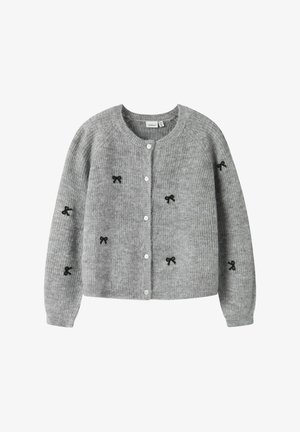 Grau, geripptes Strickcardigan mit runder Halslinie, vorderem Knopfverschluss und schwarzen Schleifenstickereien überall. Weicher Stoff.