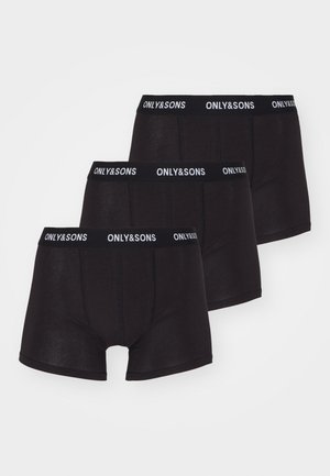 Schwarze Baumwoll-Boxershorts mit glatter Textur und elastischem Bund, auf dem "ONLY&SONS" in weißen Buchstaben steht. Drei Paare zusammen gezeigt.