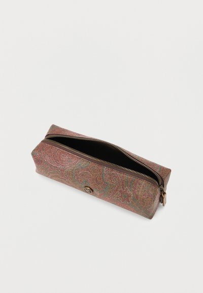 Rectangular zippered pouch with paisley pattern in red, green, and gold tones, partially open showing black interior lining.