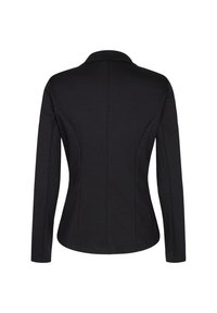 Black long-sleeved blazer, fitted design with a collar. Smooth fabric and seam detailing on the back and sides. Simple and minimalist style.
