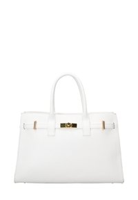 Borsa a mano in pelle bianca con due manici robusti, forma strutturata, accenti in metallo dorato e superficie testurizzata. Design semplice ed elegante.