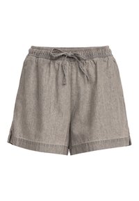 Šedé pohodlné šortky s elastickým pasem a přední šňůrkou, vyrobené z měkké texturované látky.