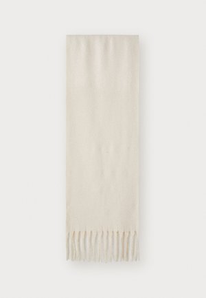Écharpe de couleur claire en matériau doux, avec une texture lisse et des bords frangés, de forme rectangulaire et sans motifs distincts.