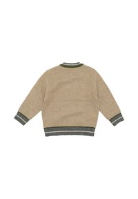 Maglione a coste chevron beige con colletto e polsini a strisce verdi e grigie, caratterizzato da una vestibilità ampia e maniche lunghe.