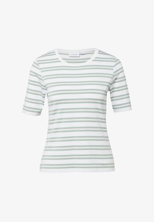 Biały krótki rękaw koszula z jasnooliwkowymi poziomymi paskami i okrągłym dekoltem, prezentowana na białym tle.