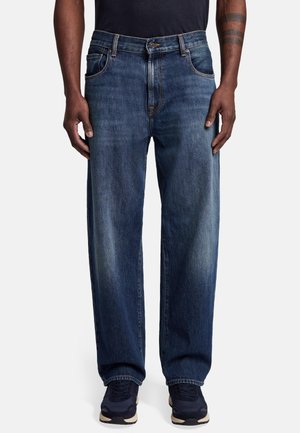 Dunkelblaue Denim-Jeans mit lockerer Passform, fünf Taschen und kontrastierenden Stickdetails. Gerade geschnitten mit umgeschlagenen Säumen.