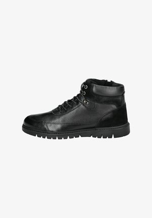 Schwarze Leder- und Wildleder-Hohenstiefel mit strukturiertem Finish, Schnürdesign, runder Zehenpartie und Gummisohle mit gezackt gemustertem Profil.