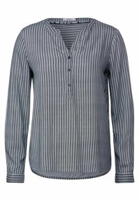 Lange mouwen gestreept shirt in donkergrijs en wit, met een V-hals, drie knopen en een licht gebogen zoom. Zachte stof textuur.