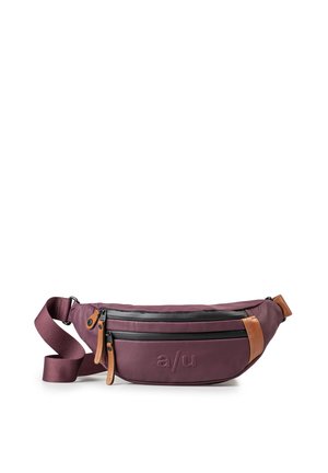 Borsetta a tracolla in tessuto bordeaux con cerniere nere, con dettagli in pelle e logo impresso. Include una tracolla regolabile per maggiore comodità.