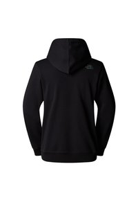 Black hooded sweatshirt featuring a smooth texture, long sleeves, and a logo in green on the back upper left side. Simple design.