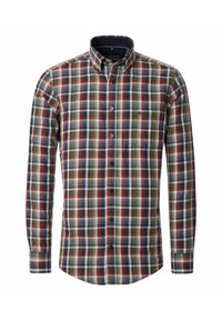 Koszula z długim rękawem zapinana na guziki w wielokolorowy wzór kraty, zawierająca ciemnozielony, czerwony, granatowy i kremowy kolor. Wykonana z bawełnianego materiału z kołnierzykiem.
