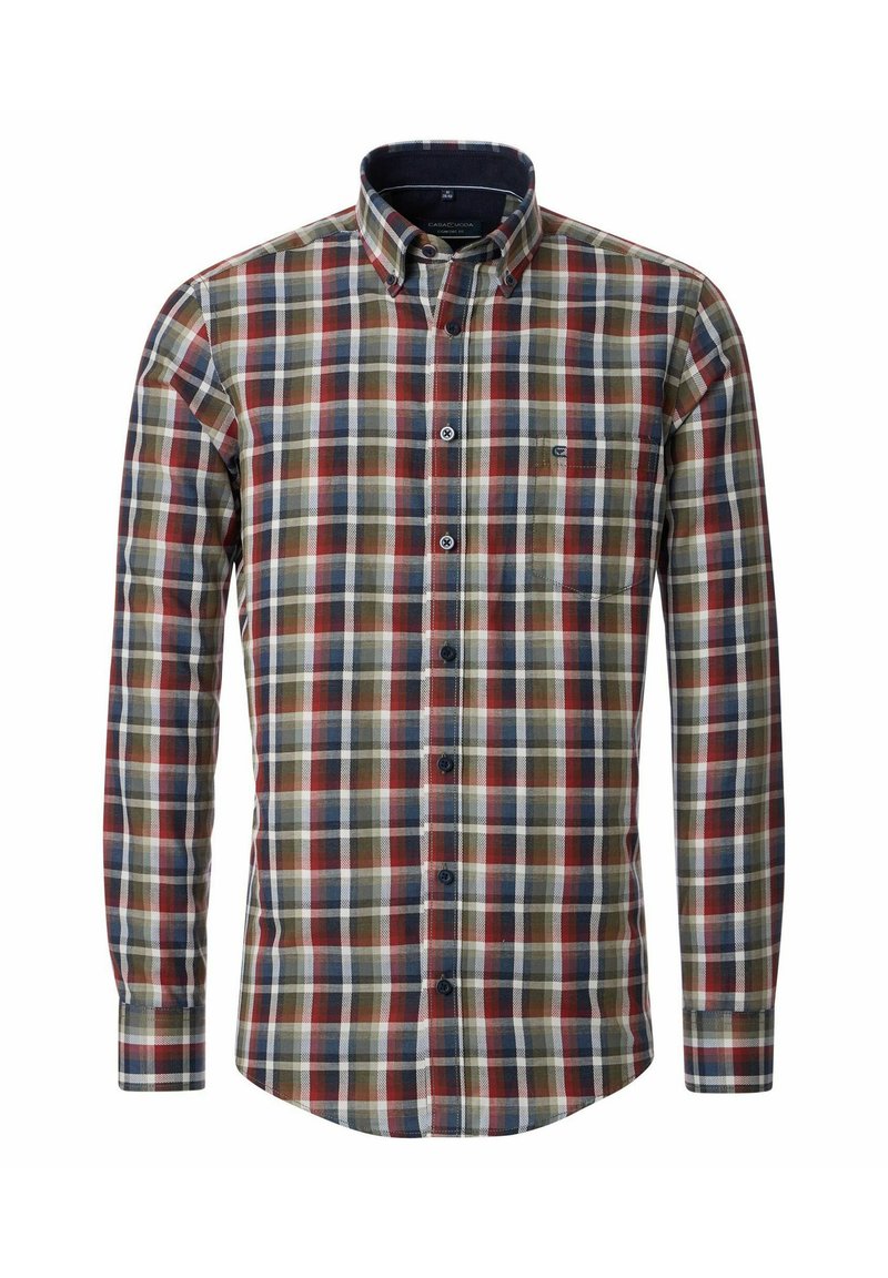 Koszula z długim rękawem zapinana na guziki w wielokolorowy wzór kraty, zawierająca ciemnozielony, czerwony, granatowy i kremowy kolor. Wykonana z bawełnianego materiału z kołnierzykiem.