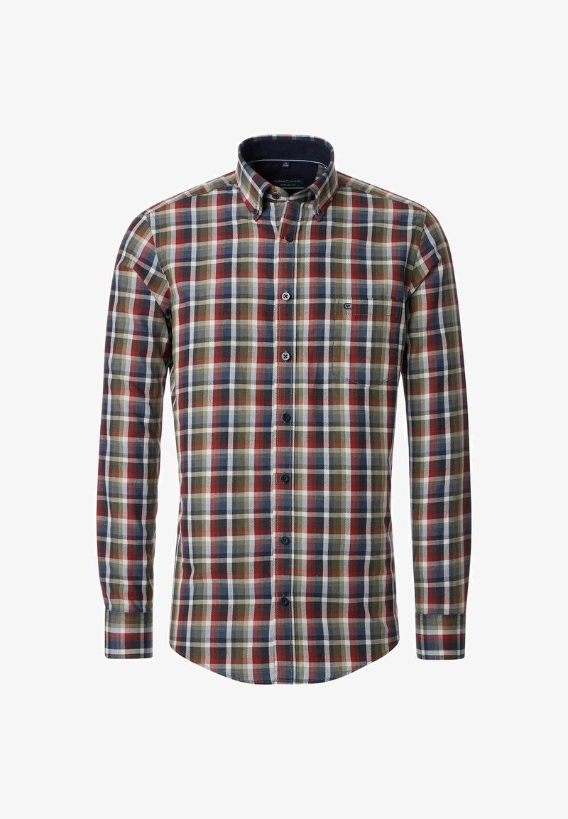 Koszula z długim rękawem zapinana na guziki w wielokolorowy wzór kraty, zawierająca ciemnozielony, czerwony, granatowy i kremowy kolor. Wykonana z bawełnianego materiału z kołnierzykiem.