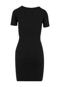 Robe noire à manches courtes avec une coupe ajustée, réalisée en matière côtelée. Le col est rond, et l'ourlet tombe au-dessus du genou.