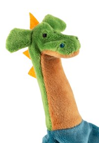 Green plush dragon puppet with a long neck, orange spines, and blue accents. Textured fabric with embroidered eyes and a soft finish.