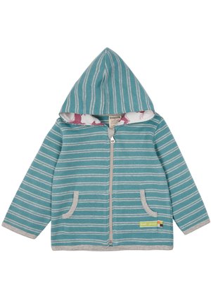 Turkusowa bluza z kapturem na zamek, ozdobiona szarymi i białymi paskami, z podszewką kaptura w różowy wzór zwierzęcy, kieszeniami z przodu oraz materiałową metką.