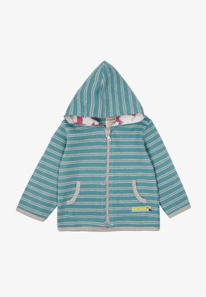 Sweat à capuche turquoise zippé avec des rayures grises et blanches, une capuche doublée d'un imprimé animalier rose, des poches avant et une étiquette en tissu.