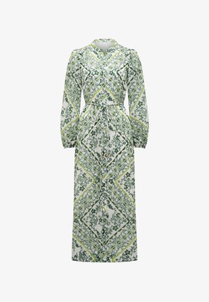 Gari garām piedurknēm maxi kleita baltā krāsā ar zaļiem ziedu rakstiem, ar apkakles dekoltē un jostu jostasvietai, kas ļauj pielāgot izmēru.