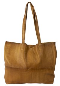 Tan leren totebag met twee lange hengsels, een gladde textuur en een iets donkerder onderkant. Minimalistisch ontwerp zonder zichtbare hardware.