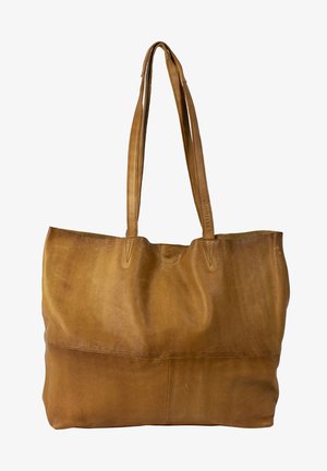 Borsa a tracolla in pelle marrone chiaro con due lunghe cinghie, una texture liscia e una metà inferiore leggermente più scura. Design minimalista senza hardware visibile.