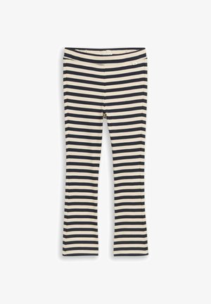 Beige und schwarze, horizontal gestreifte Hose mit geradem Schnitt und elastischem Bund, flach auf einem weißen Hintergrund liegend dargestellt.