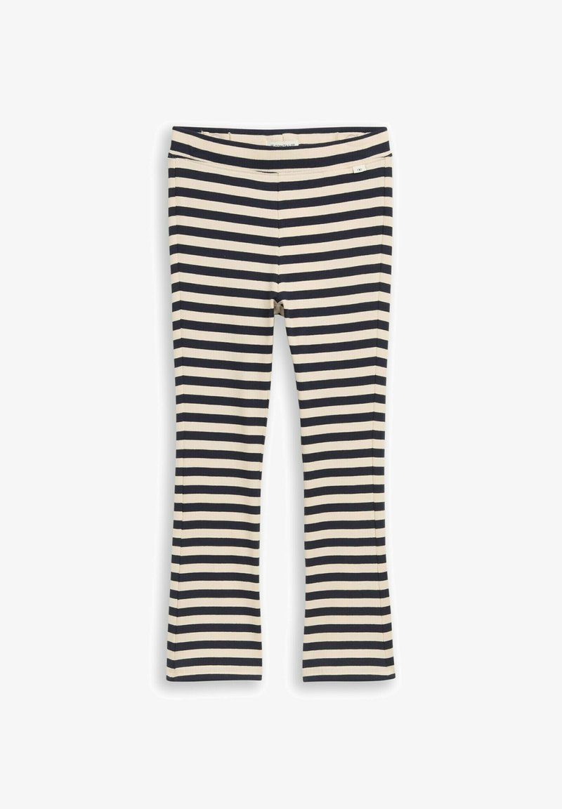 Pantalon à rayures horizontales beige et noir avec une coupe droite et une taille élastique, présenté à plat sur un fond blanc.