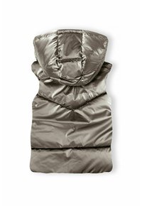 Gilet matelassé en tissu taupe brillant, avec capuche, design en chevrons et texture lisse avec un ourlet droit.